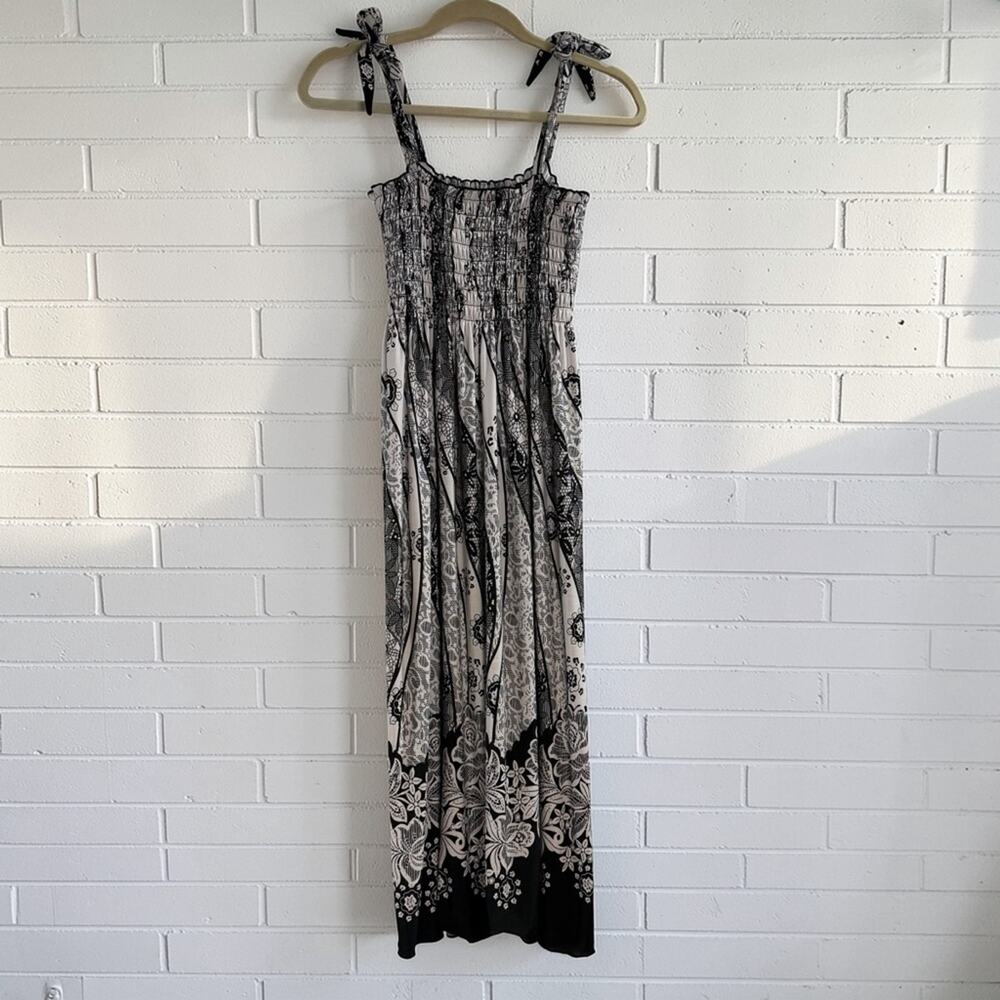WinWin Smocked Midi Sundress Black White Floral Tie Strap Boho S-M